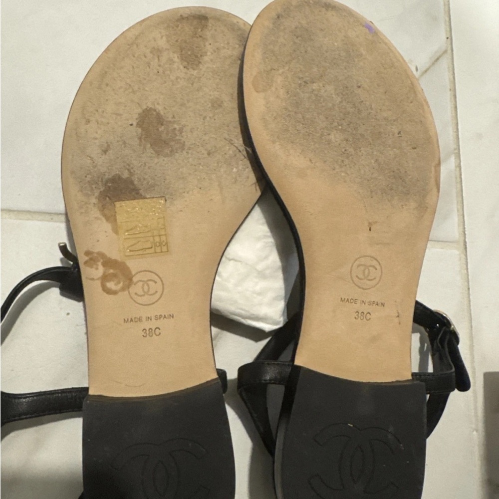 CHANEL Black T-Strap Sandals with Gold CC Hardware - Picture 5 of 7